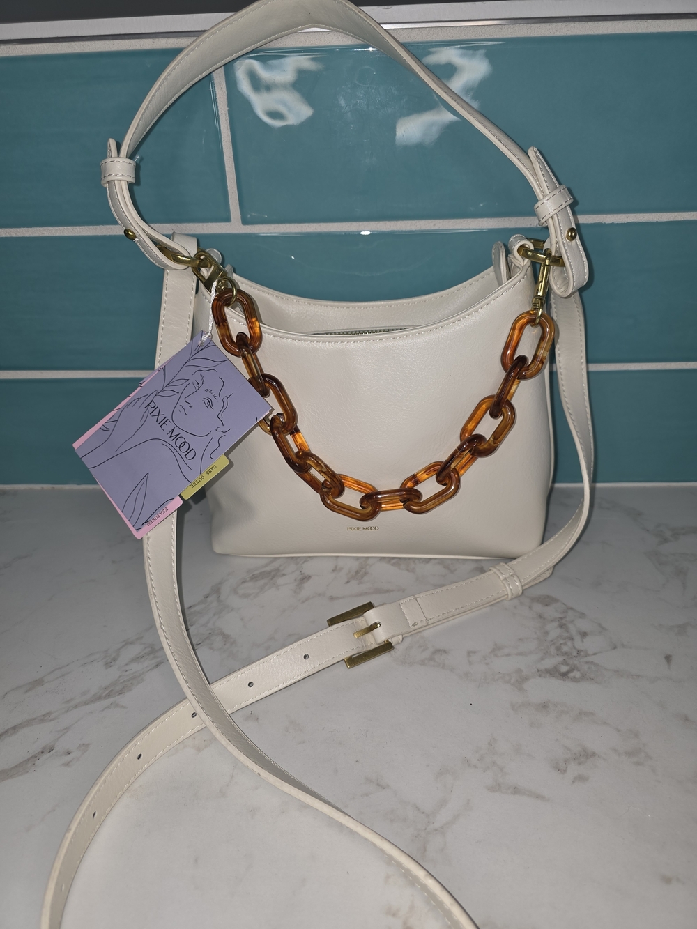 Pixie Mood Coconut  Cream Sand Shoulder Bag with Amber Chain Accent